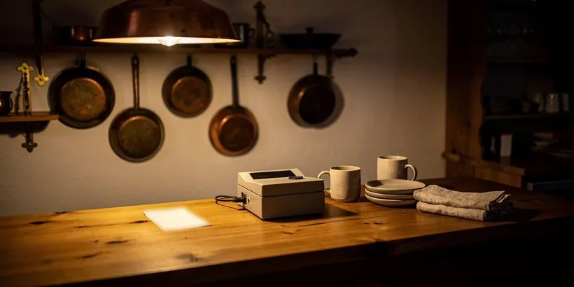 Holztheke am Abend unter einer Kupferlampe, darauf eine kleine Kasse, zwei Tassen, ein Tellerstapel, gefaltete Servietten und ein leerer Zettel; an der Wand hängen Kupferpfannen.