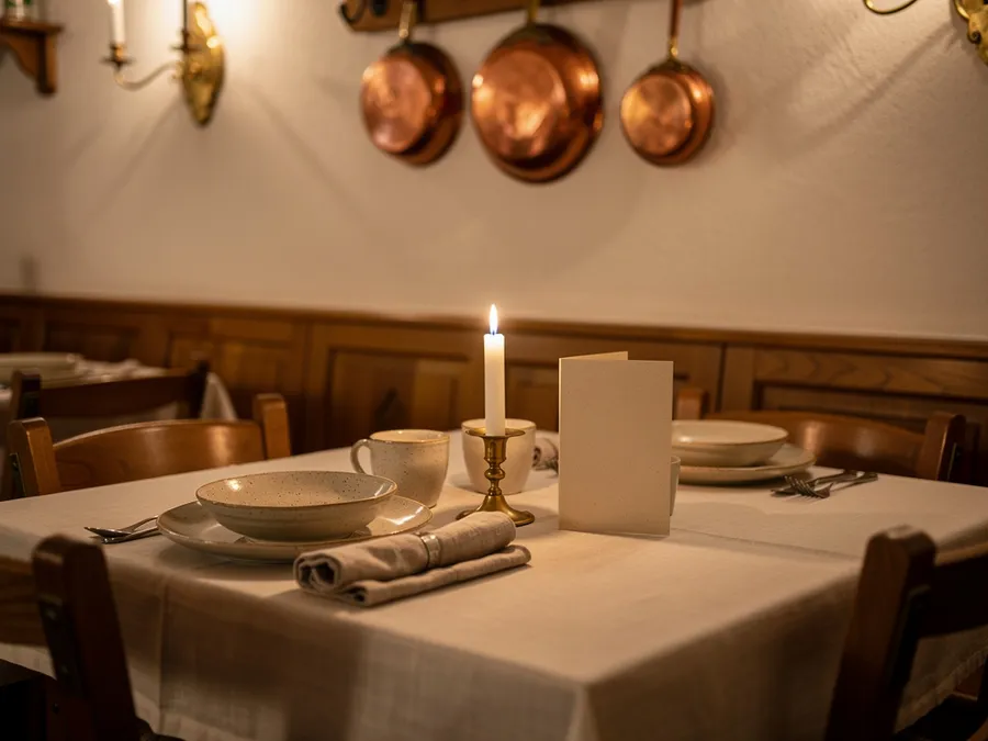 Gedeckter Tisch mit hellem Leinentuch, einer brennenden Kerze im Messingleuchter, Steingutgeschirr und einer aufgestellten, leeren Speisekarte; dahinter Holzvertäfelung und Kupferpfannen an der Wand.