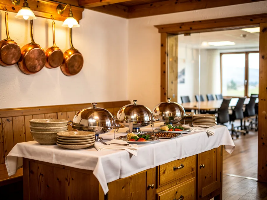 Buffet mit drei Speisehauben aus Metall, angerichteten Platten und Steingutgeschirr auf weißem Tischtuch; durch eine offene Glastür ist ein heller Besprechungsraum mit Konferenztisch zu sehen.