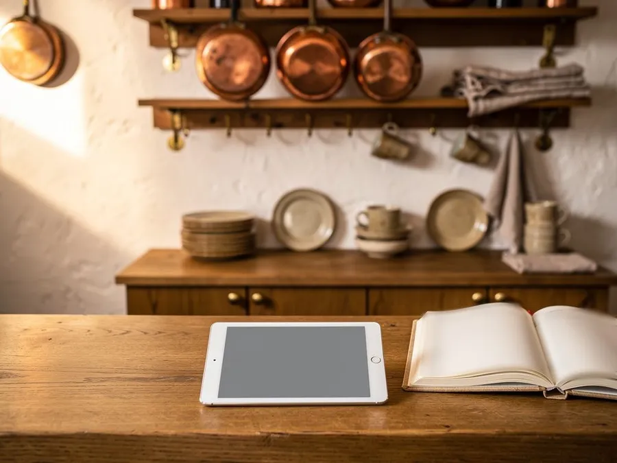 Tablet mit grauem, leerem Bildschirm neben einem aufgeschlagenen Buch auf einer Holztheke; dahinter eine Anrichte mit Geschirr und ein Wandregal mit Kupferpfannen.