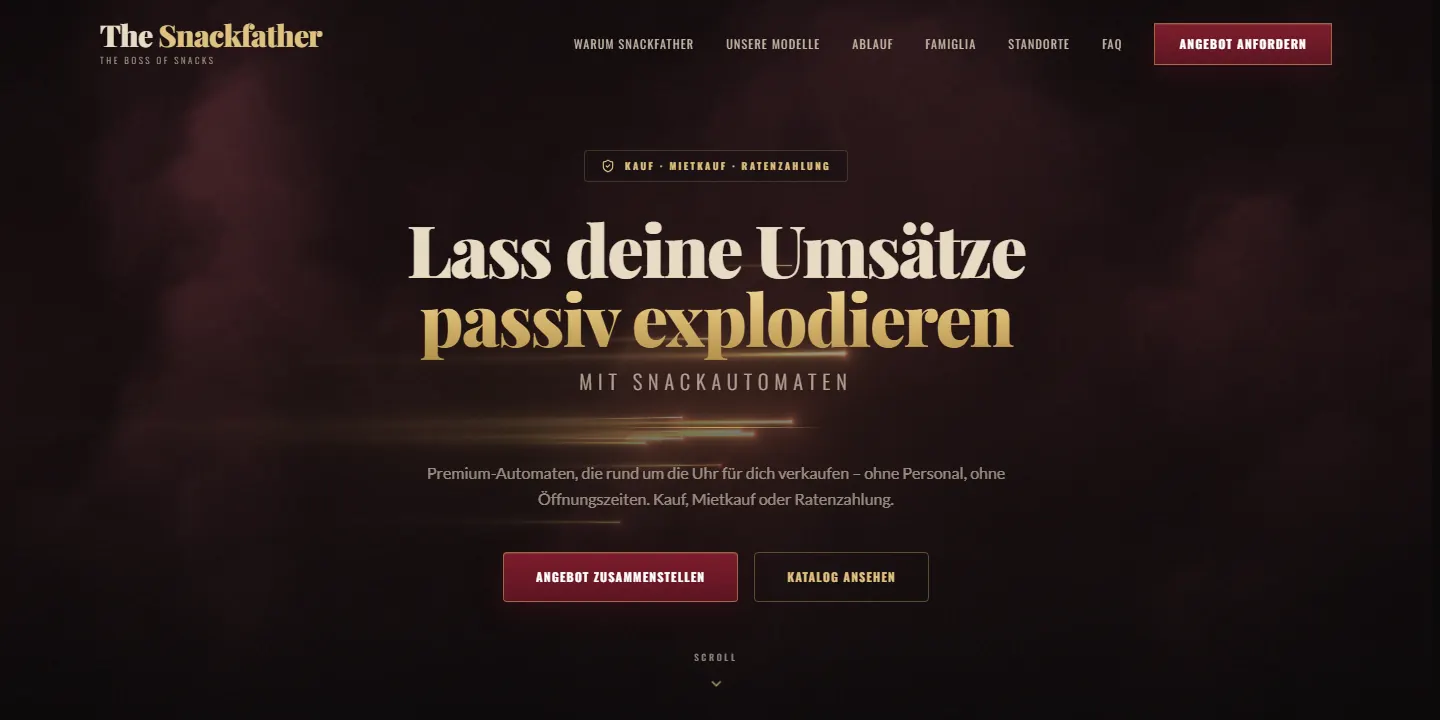 Startseite von The Snackfather: Überschrift „Lass deine Umsätze passiv explodieren“ in Creme und Gold auf dunklem Weinrot, darunter die Knöpfe „Angebot zusammenstellen“ und „Katalog ansehen“