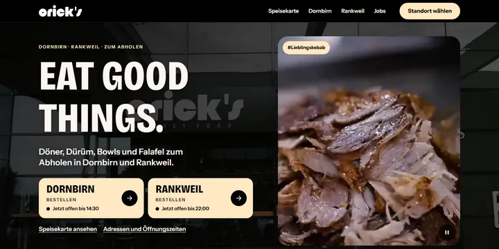 Startseite von Orick’s: Überschrift „Eat good things.“, daneben ein Video vom Dönerspieß, darunter die Bestellknöpfe für Dornbirn und Rankweil mit Öffnungsstatus