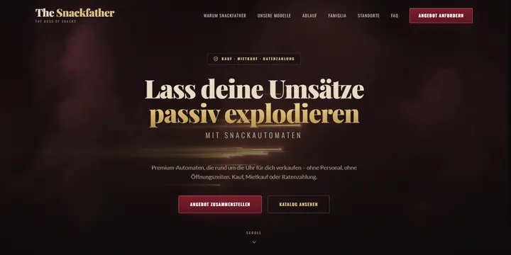 Startseite von The Snackfather: Überschrift „Lass deine Umsätze passiv explodieren“ in Creme und Gold auf dunklem Weinrot, darunter die Knöpfe „Angebot zusammenstellen“ und „Katalog ansehen“